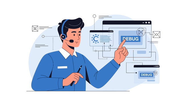 Man with headset debugging software on computer screens, IT support, coding concept