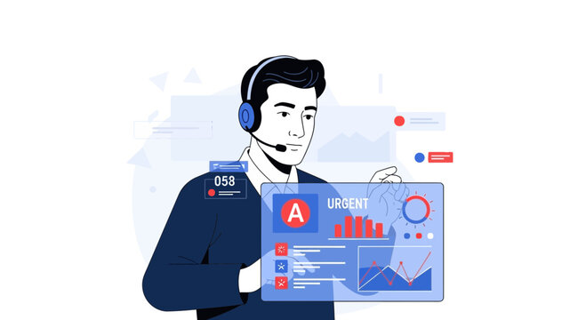 Man with headset operates futuristic interface with data charts and alerts