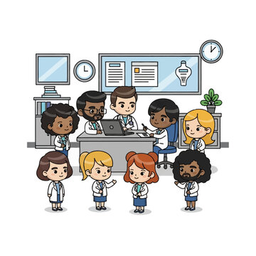 Chibi style illustration of a diverse team of healthcare professionals in white lab coats working together in a medical office featuring a desk, laptop, wall charts, and bookshelves.