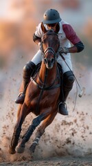 Fototapeta premium Male polo player in white and maroon uniform riding brown horse during match, kicking up dust on field with blurred background of spectators and sunset sky
