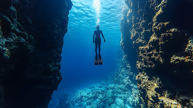 Deep ocean scuba diver exploring narrow vertical rock canyon fissure under blue water