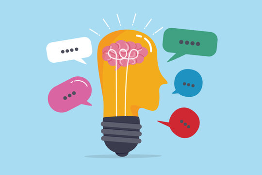 Communication success, talk or discussion for solving problem, brainstorming or communicate idea, thought or debate conversation, negotiation, human head brain lightbulb with dialogue speech bubble.