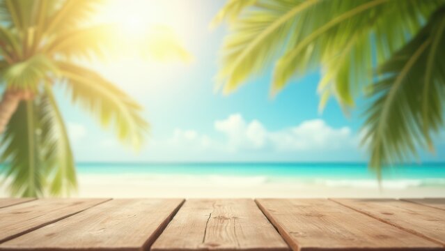 blur tropical beach with bokeh sunlight and palm tree on empty wood table with copyspace, vintage product presentation in nature, abstract background with wave and light,