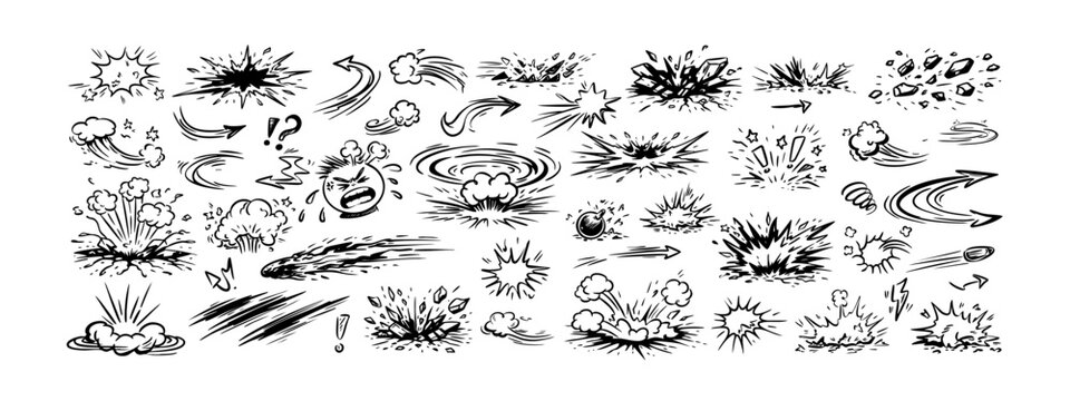 Comic superhero vector boom elements with doodle explosion line icons and motion speed effect for dynamic scenes. These doodle superhero effect illustrations are perfect for action design.