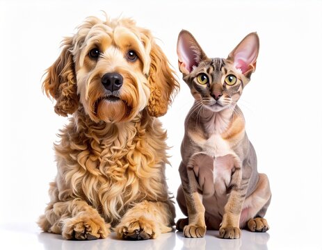 Dog and cat looking up with guilty innocent expressions isolated on white