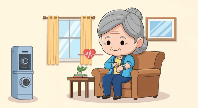 2D vector illustration of a chibi elderly woman sitting in an armchair, checking a smartwatch for heart rate monitoring with a heartbeat icon and a health monitoring robot nearby.