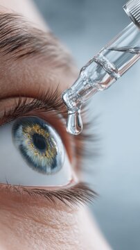 Close-up of human eye with blue iris as a drop of liquid from a dropper approaches the eye, highlighting the importance of eye care and hydration