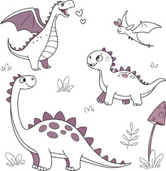 Set of cute purple cartoon dinosaurs and prehistoric creatures vector illustration © Uzma Shafique