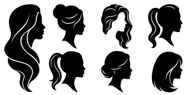 Woman side profile silhouette, long wavy flowing hair style