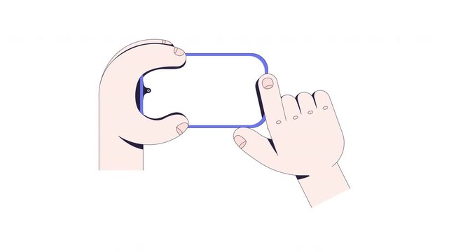 Hand tapping phone mockup in landscape mode user interaction animation. Forefinger touch for multimedia. Animated mobile UI UX explainer. Smartphone guidance 4K video. Tutorial 2D motion graphic