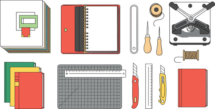 Bookbinding And Crafting Tools Vector Illustration Featuring Notebooks Cutting Mat Utility Knife And Handmade Workshop Equipment