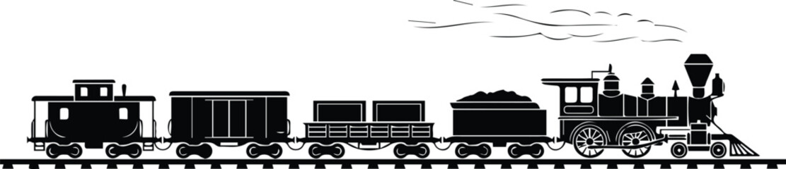 Naklejka premium Vintage Steam Freight Train Smoke Silhouette Black Vector Locomotive Coal Wagon Railroad Illustration