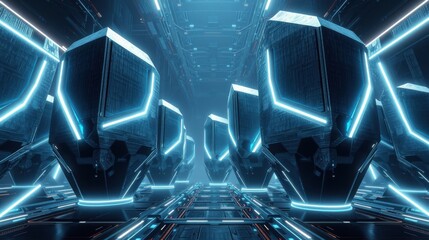 Obraz premium Futuristic corridor. Blue neon lights illuminate geometric structures. Dark, sleek design creates immersive space. Minimalist aesthetic.