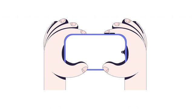 Hands holding blank phone in landscape mode user interaction animation. Using gadget for gaming, streaming. Animated mobile UI UX explainer. Smartphone guidance 4K video. Tutorial 2D motion graphic
