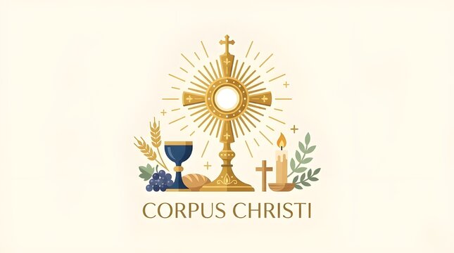 Corpus Christi Christian Celebration Circular Vector Illustration with Holy Eucharist Monstrance and Wheat Ornaments