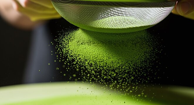 Vibrant green powder sieved through a fine mesh strainer, creating a delicate cloud.