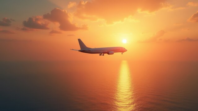 airplane flying above tropical sea at sunset, commercial aircraft over ocean with orange sky, scenic travel route above paradise coastline, concept of tourism, airline travel, vacation
