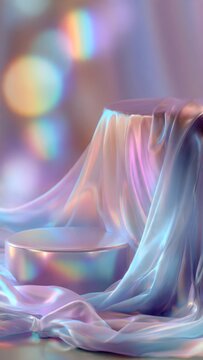 Abstract composition of premium luxury silks and opalescent product podium, soft bokeh background
