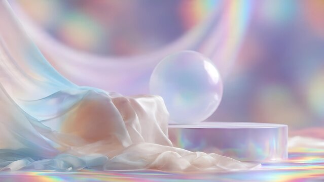 Abstract composition of premium luxury silks and opalescent product podium, soft bokeh background