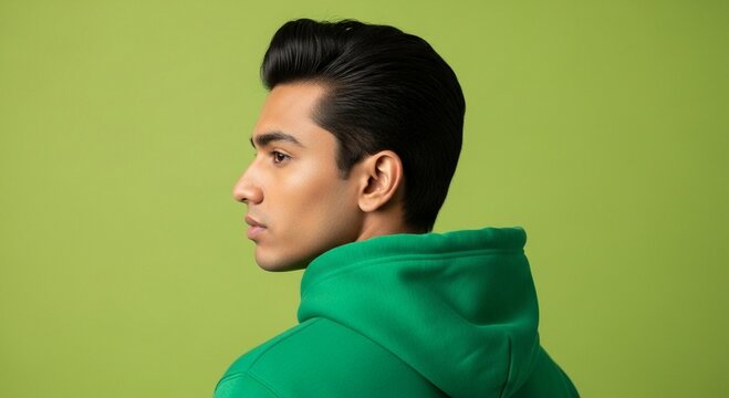 Profile portrait of a young man with a stylish pompadour hairstyle