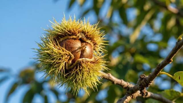  chestnut still in its spiky husk, attached to a branch, bright sunlight clear blue sky