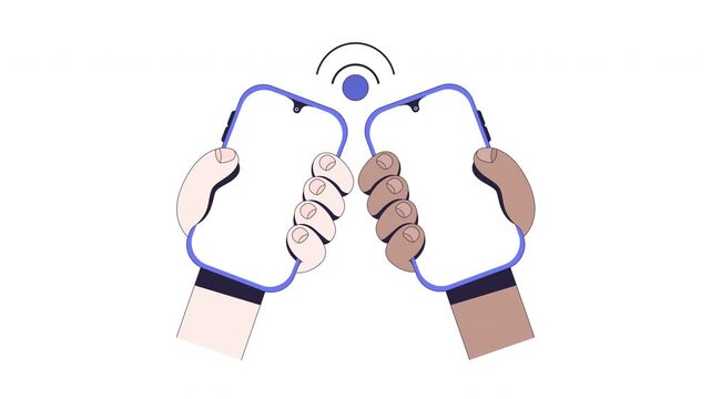 Two hands holding phones with wireless signal user interaction animation. Devices connectivity over wifi. Animated mobile UI UX explainer. Smartphone guidance 4K video. Tutorial 2D motion graphic