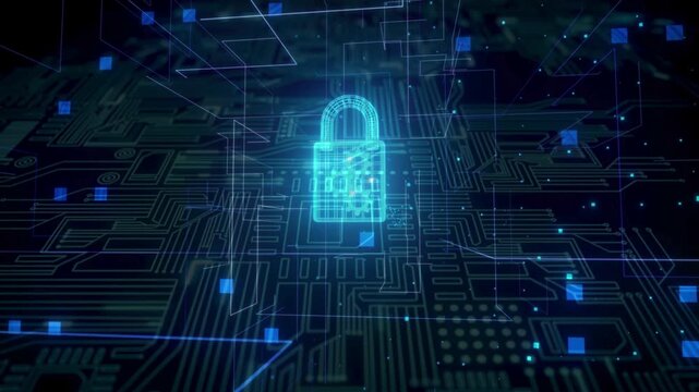 Glowing cyber lock with gears overlaying a dark green moving electronic circuit board texture, depicting digital identity protection and hardware security