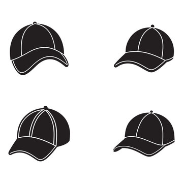Four black baseball caps with white outlines in different angles isolated on white background