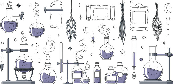 Vintage Alchemy Laboratory Vector Illustration Featuring Magic Potions Witchcraft Bottles Herbs and Mystical Apothecary Elements