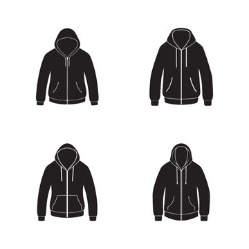 Four black hooded sweatshirts with zippers and different hood and pocket designs  isolated on white background