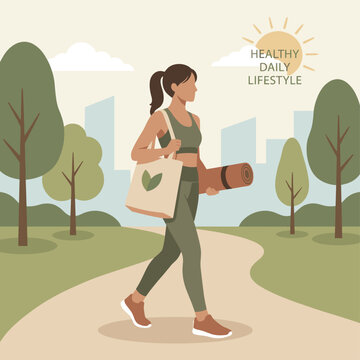 Woman walking in park with yoga mat and tote bag