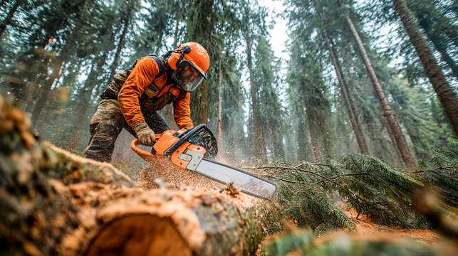 logger cutting tree with chainsaw in forest