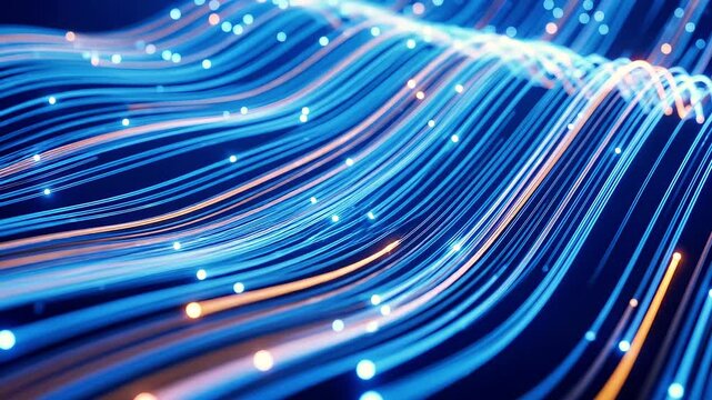 Abstract blue and orange glowing fiber optic lines conveying digital data across a dark background with a shallow depth of field