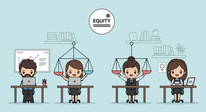 Chibi style vector illustration of diverse office employees working at desks with laptops, featuring scales of justice and equity text symbol representing gender equality and fairness in business.