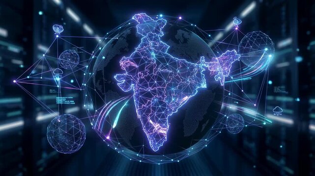 futuristic india map with neon sphere and data structure, global connection and cyber network theme video