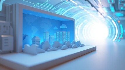 Obraz premium Abstract cityscape inside glowing tunnel. Digital world concept. Minimalist design, bright blue tones, futuristic aesthetic.