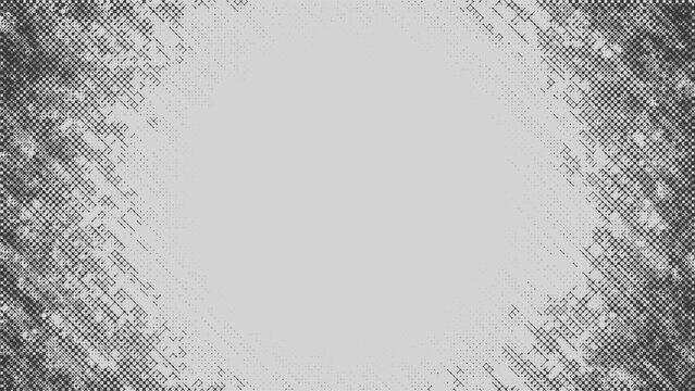 Halftone grunge frame. Distressed dotted border with comic raster noise, abstract worn edges and empty center background. Isolated on white background