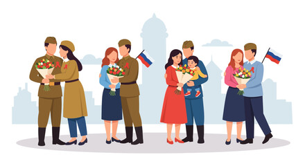 Obraz premium Vector illustration of a historical victory day train station scene with crowds celebrating on the platform