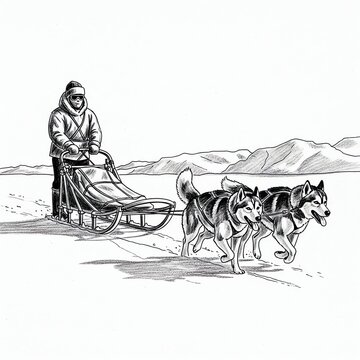 Dog Sledding in Arctic Landscape: Musher and Huskies Pulling Sled Across Snowy Terrain