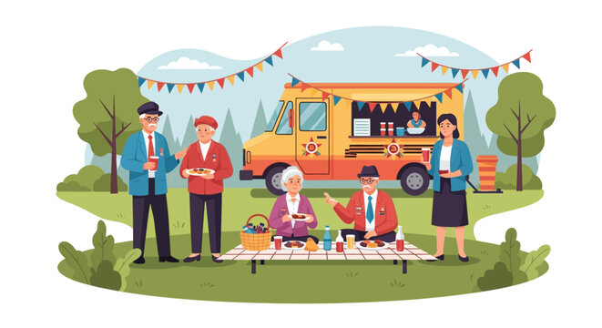 Veterans enjoying a shared picnic meal outdoors on a sunny day celebrating community and camaraderie