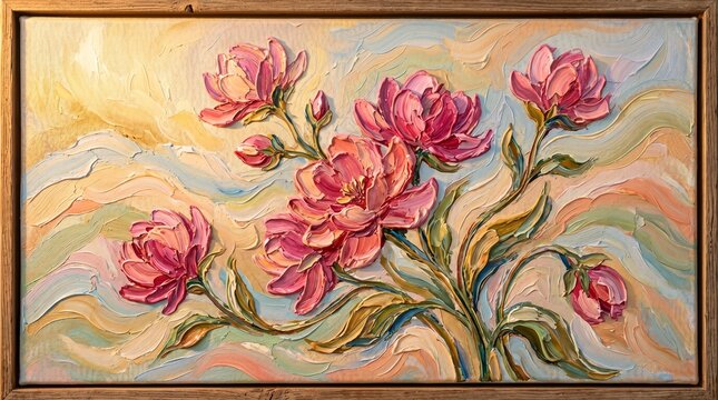 Impressionist oil painting of pink peony flowers with textured brushstrokes