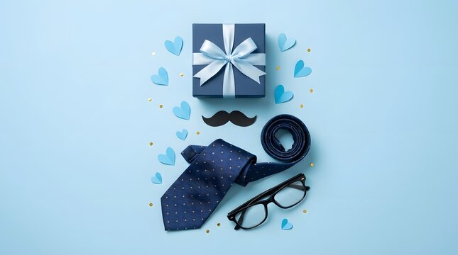 Father day gift ideas navy blue present with tie belt glasses and mustache on light blue background