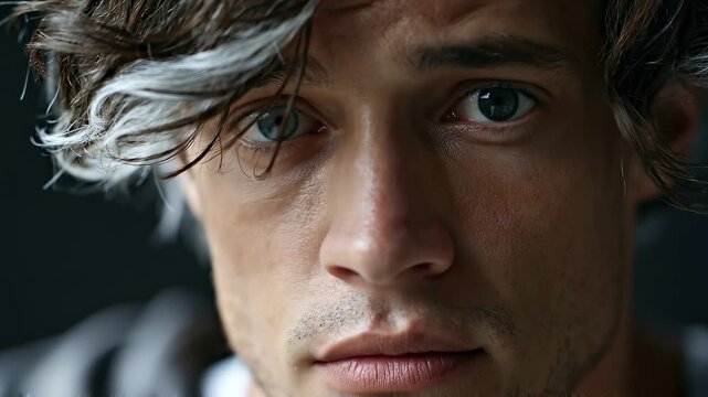 Young man with Waardenburg syndrome, one steel-grey eye and one deep green eye, with a white patch in dark brown hair, defined jawline, and light stubble.