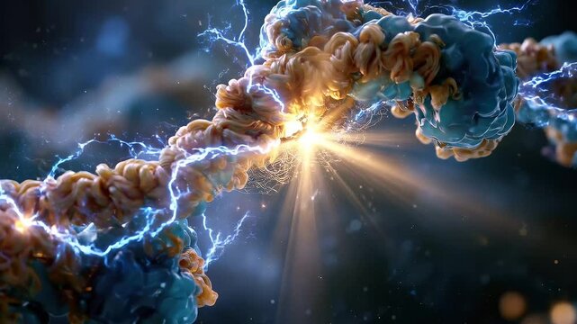 Abstract scientific visualization of chromosome 2 with the PAX3 gene floating in a deep cosmic dark background.