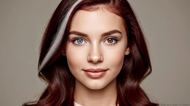 Beautiful adult woman with Waardenburg syndrome, featuring one ice-blue eye and one hazel eye, with a natural white streak in her dark auburn hair, facing the camera confidently.