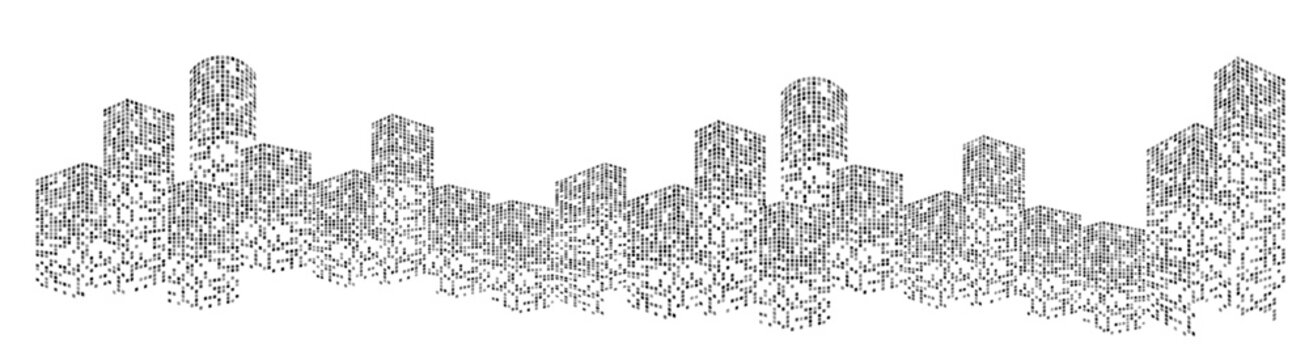 Building City Vector Modern city skyline silhouette with glowing digital elements and abstract geometric patterns creating futuristic urban building landscape on white background