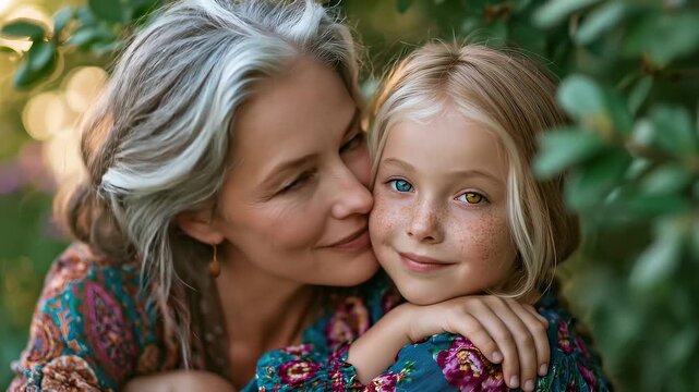 Heartwarming photorealistic scene of a mother and daughter with Waardenburg syndrome, matching white hair streaks and heterochromatic eyes, sitting together in a sunlit garden.