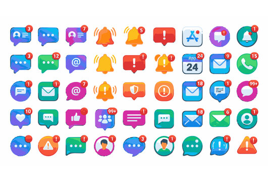 Colorful notification icon vector set with message alerts unread badges and mobile app symbols