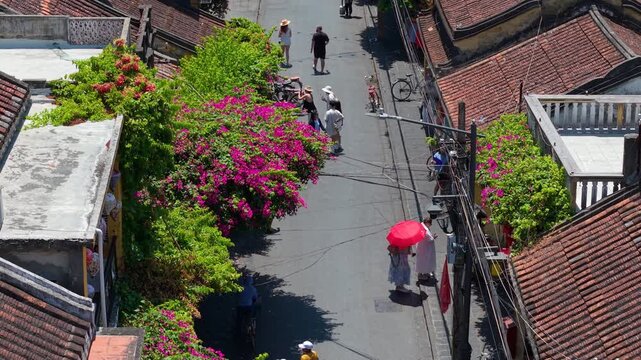 Aerial drone view of Hoi An city, Quang Nam province, Vietnam. Panoramic footage of Ancient town, UNESCO world heritage. One of the most travel popular touristic destinations