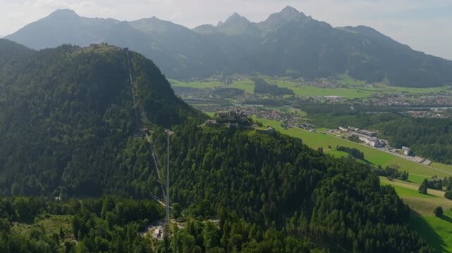 Drone view of Reutte Austria with Ehrenberg Castle and Highline 179 bridge among alpine mountains and valleys tourism destination